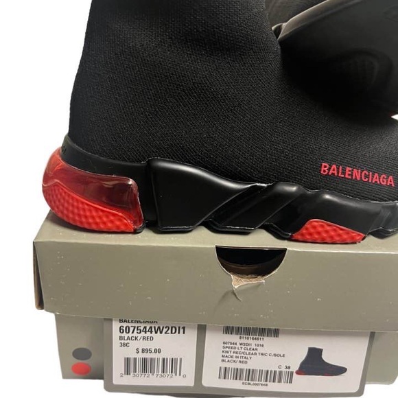 Balenciaga Black IT38 W38 Women Speed Trainers Runners Cloth Red Bubble Size 8 - Picture 6 of 9
